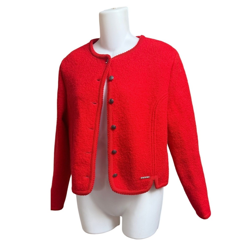Geiger Tyrol Red Boiled Wool Cardigan Jacket Austria Sz 40 US 8 Vintage Loden